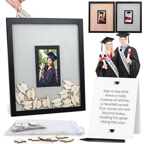 Graduation Guest Book 2026 Wooden Cap Drop Frame Guestbook for Graduation Party with Wooden Grad Caps Photo Slot & Pen Grad Guest Book Graduation Sign in Book Graduation Book to Sign Grad Party