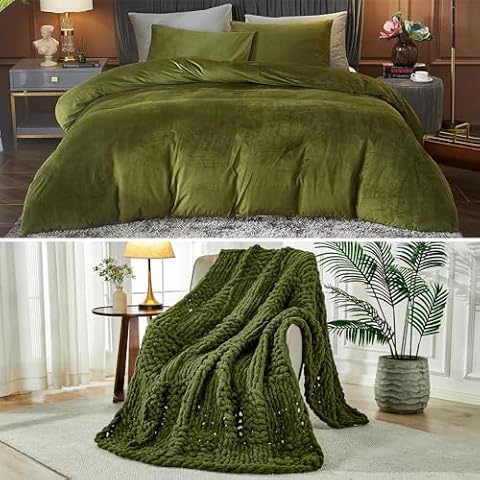 Ivellow Velvet Duvet Cover and Chenill Chunky Knit Blanket Throw Set Ultra Soft Breathable Luxury Bedding Set Cover