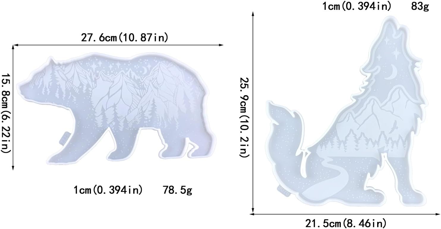 Wolf and Bear Resin Casting Moulds, Wolf and Bear Silhouettes with Mountain Scene, 10 inches, Decorative Wall Art Set Epoxy Resin Silicone Molds