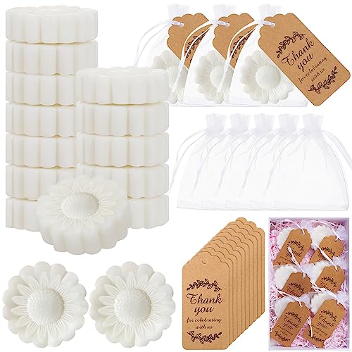 25 Set Sunflower Mini Soap for Wedding Party Favors Bridal Shower Favors Baby Shower Soap Guests Gifts Small Handmade with Drawstring Organza Bags and Thank You Cards(White)