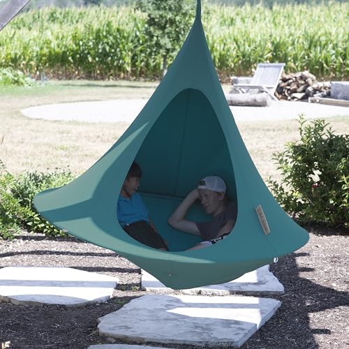 Image of Double Cacoon Hanging Chair for Two - Cozy Indoor /Outdoor Hammock with Polyester Canvas, 440 lb Capacity, Includes 18ft Rope & Carabiner (Bayou Breeze)