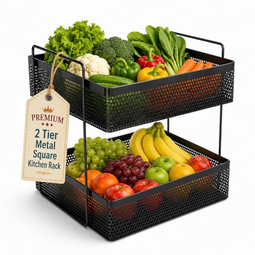 Image of JD FRESH 2 Tier Metal Square Kitchen Stand Organizer /Countertop Large Capacity Storage Rack /Space Saving Design /Modern Ventilation Design for Spices,Fruits or Vegetables /Bathroom Vanity Storage Shelf