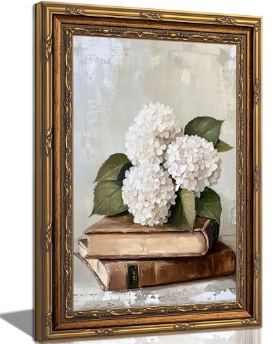 Gold Vintage Framed Floral Book Wall Art Rustic Bookish Hydrangea