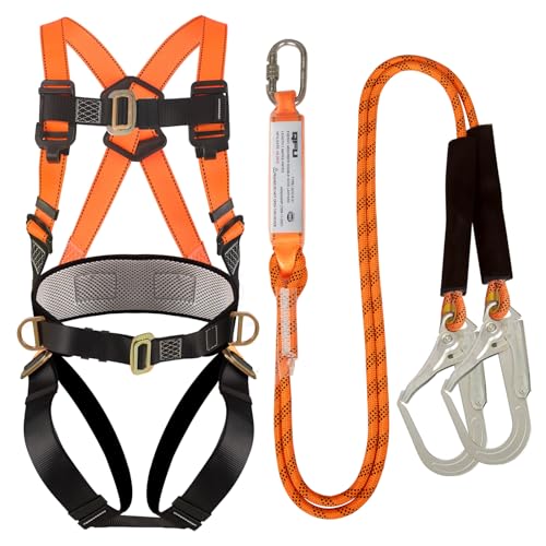 QFU Safety harness fall protection kit, equipped with shock-absorbing ropes, full-body safety harness for roof work (orange and black)