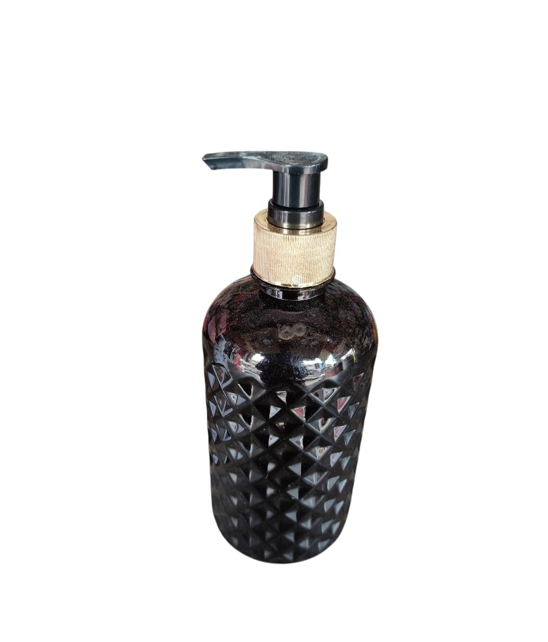 Black Diamond Cut Glass Soap Dispenser | Diamond Texture, Gold Pump Head, Glossy Finish, Bathroom Accessory, Refillable Bottle-image-3