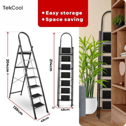 Image of TEKCOOL Ladder for Home 7 Steps Foldable with Built-in Tool Tray | Heavy Duty D Shape Rods | 20 x 30cm Large Platform | Wide Rubber Feet | Secure Lock | 150Kg Capacity