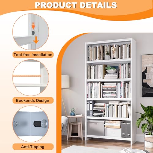 Image of VASAAOSD 5 Tier Book Shelf, 69.3 inch Tall White Bookshelves, Open Metal Bookshelf, Toolless Assembly White Shelves for Home Office, Living Room, Study