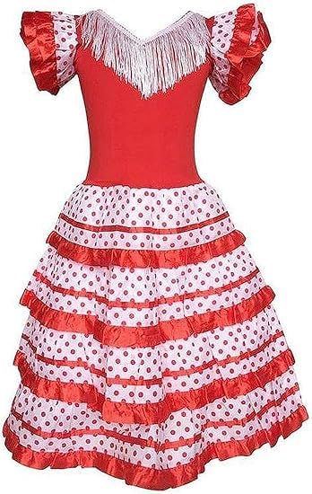 12+ Meses, 1 Año Vestido de Flamenco Rojo con Lunares Blanco para Niñas, Traje Español con Volantes y Flecos, 12+ Meses, 1 Año