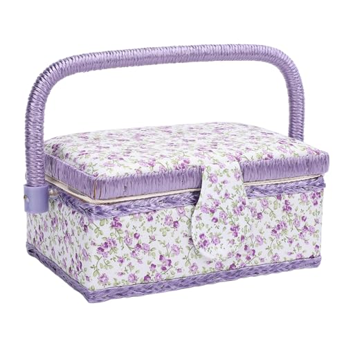 Sewing Basket with Removable Sewing Tool Basket with Removable Tray Portable Needlework Tool Organizer for Thread Scissors Spool Buttons