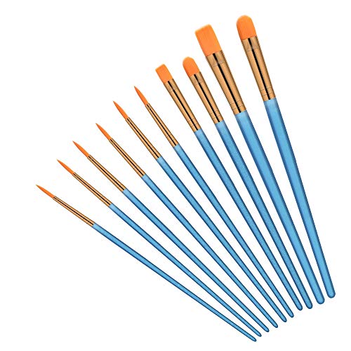Lot de 10 pinceaux de peinture multifonction en nylon pour artiste - Pointe plate ronde - Pour peinture acrylique à l'huile d'aquarelle et gouache bleu