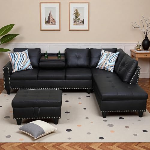 Trygoal L-Shaped Sectional Sofa with Movable Chaise & Storage Ottoman, Leather 3-Piece Modular Convertible Couches for Living Room, Apartment & Office, Black