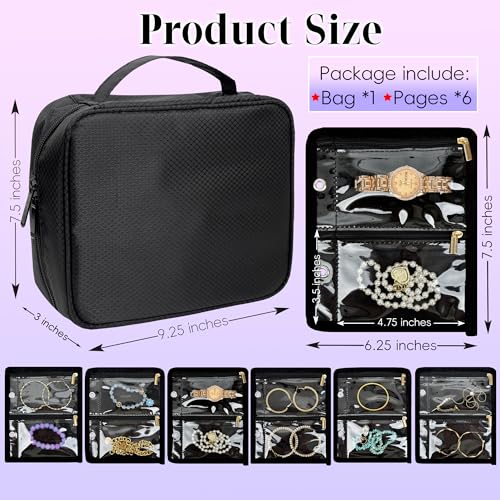 Travel Jewelry Organizer Case,Jewelry Bags for Traveling, Jewelry Binder with 24 Pcs Clear Zipper Velvet Pouches for Storing Earrings, Rings, Necklace, Bracelet, Watch (Black)3