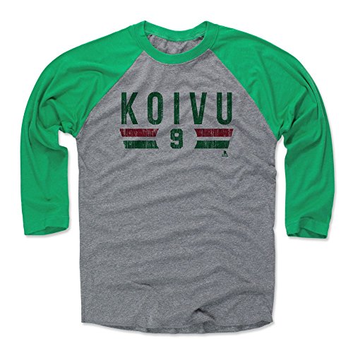 500 LEVEL Mikko Koivu Tee Shirt (Baseball Tee, XXX-Large, Green/Heather Gray) - Minnesota Raglan Tee - Mikko Koivu Font G