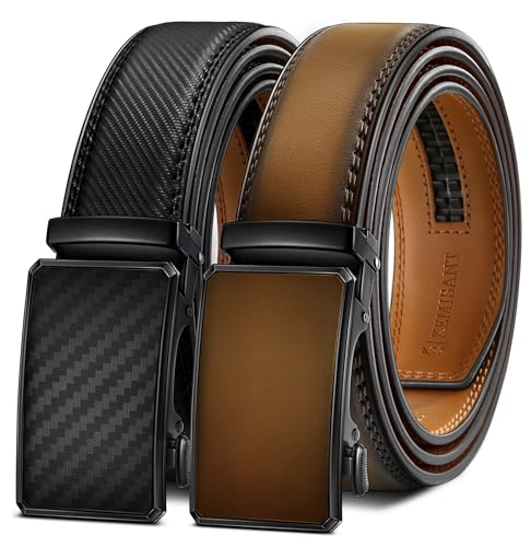 Image of KEMISANT Men Belt 2 Pack, Leather Ratchet Belt Easy Click Slide For Men 1 3 /8 inch,Cut for Fit
