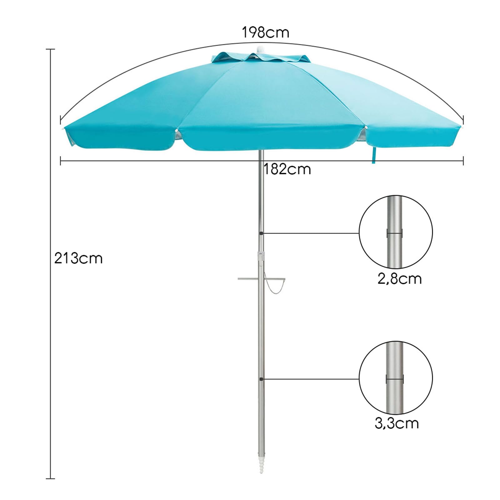 COSTWAY Ombrellone da Spiaggia 198 cm, Parasole Esterno con Palo Inclinabile in Alluminio, Anti UV 50+, 8 Stecche, Blu