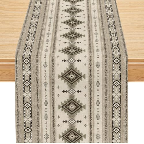 Image of Boho Geometric Aztec Table Runner, Southwest Aztec Tribal Pattern Linen, Rustic Dining Table Decor for Farmhouse Kitchen 13x90 Inch