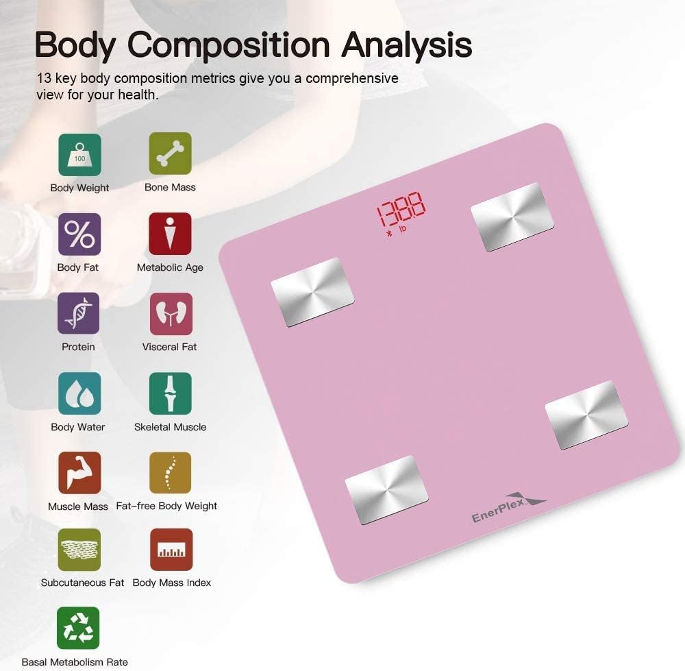 EnerPlex Scale for Body Weight - Bluetooth Compatible, Accurate Digital BMI Bathroom Scale for Weighing and Home Workout w/ Body Composition Analyzer & Smartphone Track App - Pink