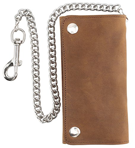 RFID Blocking Men's Tri-fold Vintage Long Style cow Leather With Chain card holder Wallet,MADE IN USA