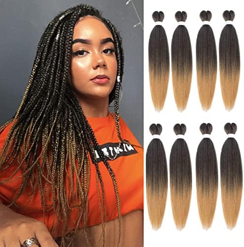 Leeven 8 Packs Pre Stretched Braiding Hair 26 Inch Yaki Texture Ombre Brading Hair Extensions for Box Braids Kanekalon Hair Fiber Crochet Hair Extensions for Braiding /26 Inch 1B/27/613#