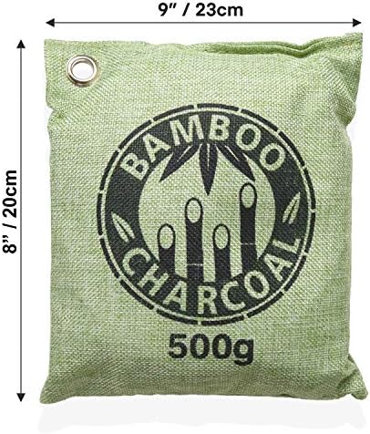 Rupshnok Bamboo Air Purifying bags - Pack of 2 Green 500g Large Natural Odorless Charcoal Activated Carbon Linen Deodorizer bags - Complete with 2 Metal S-Hooks for Hanging Air Freshener