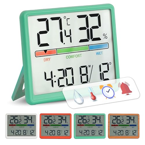 GIFTMARKET - Termómetro de interior digital. Termómetro digital con higrómetro. Indicador de confort, reloj y calendario. Termómetro de color verde. Ideal para hogar. ABS. Medidas: 9,3 x 7,2 x 1,6 cm