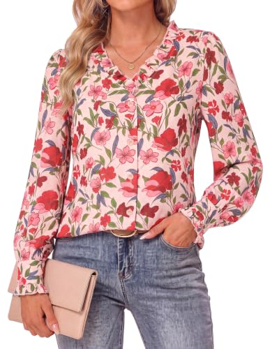 GRACE KARIN Women’s Boho Floral Tops, 2026 Fall Button Down Long Sleeve Blouses, Dressy Casual V Neck Work Trendy Shirts Red Pink Floral XL