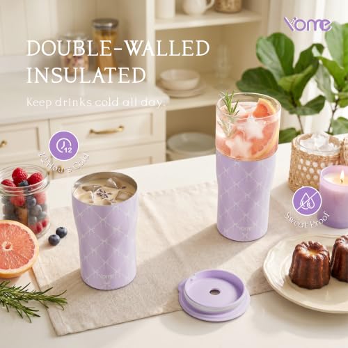 Image of YOME 20oz Elegant Purple Bow Insulated Glass Tumbler with Lid & Straw for Women Gift| Stainless Steel Iced Coffee Cup | Keep Drinks Cold |Cupholder Friendly |Ideal for Iced Coffee, Smoothies & Boba