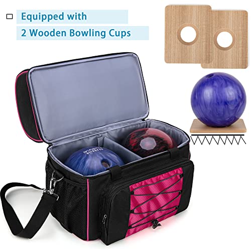 Dsleaf Bowling Bag For 2 Balls, Bowling Tote With Wooden Bowling Cups And Padded Divider For Double Ball And A Pair Of Bowling Shoes Up To Mens 16 And Extra Essentials (Patent Pending), Bag Only #TOP2