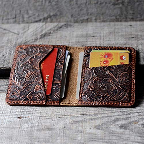 JJNUSA Handmade Men Minimalist Leather Wallet Card Holder Distressed Wallets for Gifts (Flowerbrown) - Thumbnail 3