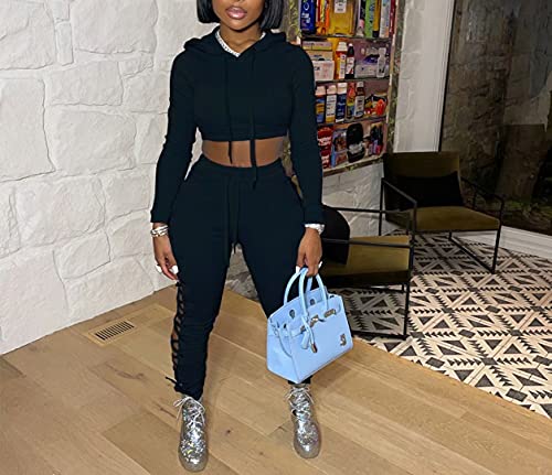 Sexy Jumpsuits For Women Lace Up Hoodie Crop Tops And Bodycon Long Pants Matching Yoga Sets Track Suits Black Large #TOP1