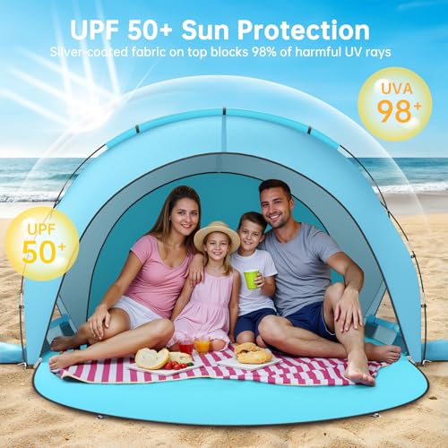 Image of Raynesys Beach Tent Sun Shelter for Sand Camping, 1-4 Person, Light Blue | Beach Shade Tent with UPF50+ UV Protection, Portable Sun Shelter, Shade Tents with 2 Zippered Doors