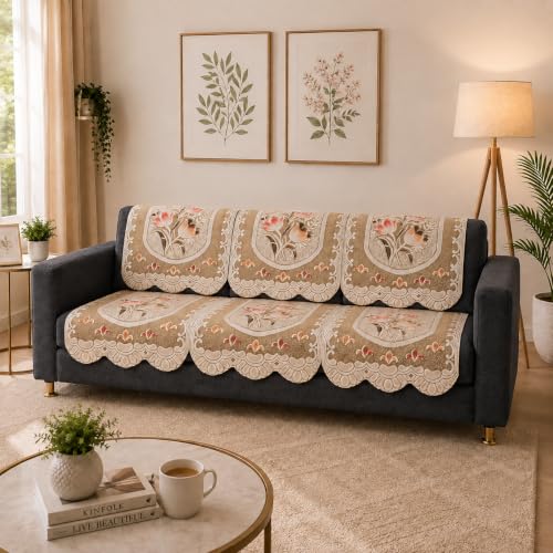 Image of STITCHNEST Florenza Beige 10 Piece Cotton Net Sofa Slip Cover |5 Seater