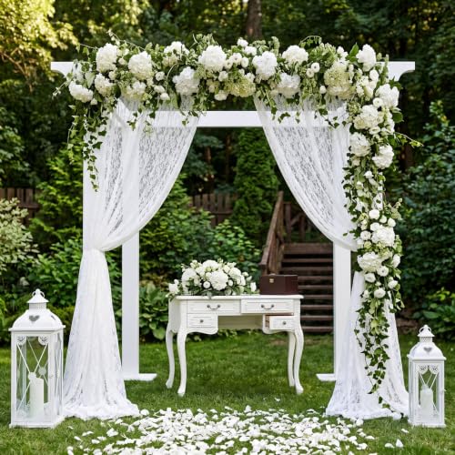 Image of HunnmingRe 4 Panel White Wedding Arch Draping Fabric Summer 30 inch X 18 FT Lace Wedding Arch Drapery Embroidered Boho Rustic Backdrop Vintage Decor for Bridal Shower Church Ceremony Decoration