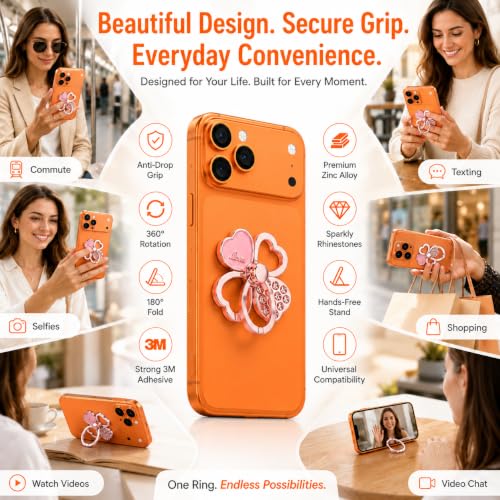 Image of Mizi 2Pack Clover Phone Ring Holder Stand, 360 Rotation & 180 Fold Finger Grip Kickstand, Strong 3M Adhesive, Bling Rhinestone Phone Ring for iPhone, Samsung & Most Smartphones - Rose Gold