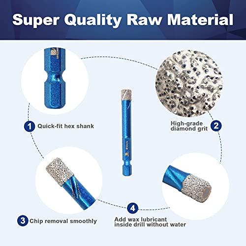 Diamond Drill Bit 6mm,BRSCHNITT 3pcs/pack 1/4 Inch Diamond Hole Saw Drill Bit for Porcelain Tile Ceramic Stone Granite Marble,Hex Shank Dry Drilling Diamond Core Drill Bit Set - Image 3