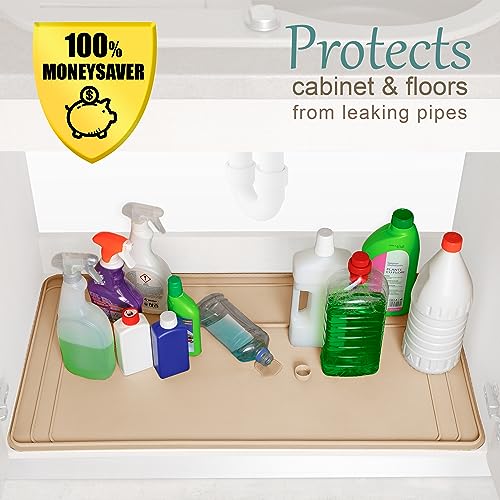 Image of The Original Under Sink Mat - Silicone Waterproof mat, Trimmable, Easy to Clean, Kitchen cabinet liner, Under sink protector mats, Drip Tray with Lip (Beige, 31 inch x 22 inch) or smaller
