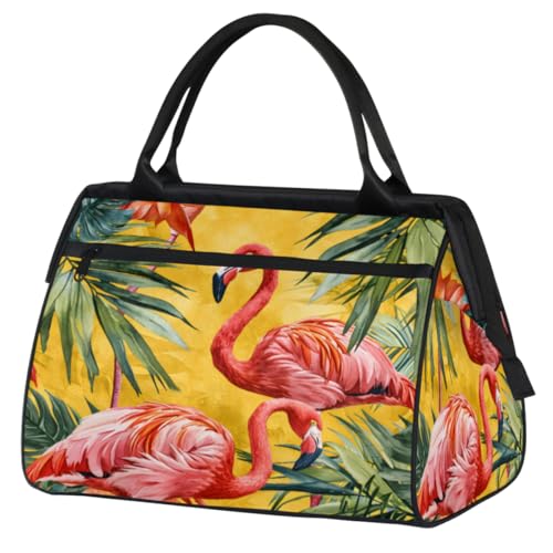Flamingo Animal Leaf Duffelbag Waterproof Polyester Overnight Weekend Bags Fitness Travel Sports Bag Airplane Carry-on Bag for Gym Beach Travel Daily Shopping