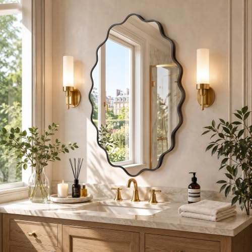 Image of Black Oval Wall Mirror, 24 inch x 36 inch Wavy Bathroom Mirror for Wall with Brushed Alloy Steel Frame&Shatter-Proof Glass, Hanging Decorative Wall Mirrors for Bathroom Sink, Bedroom, Entryway