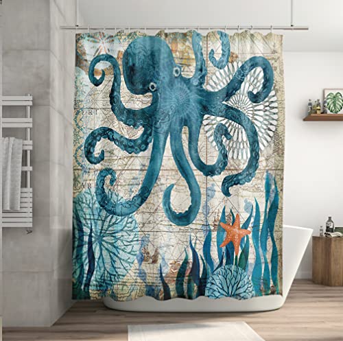 Bivinar Octopus Shower Curtain 72 X 72 Inch，Ocean Shower Curtain For Bathroom Decor, Nautical Shower Curtain With 12 Hooks #TOP1