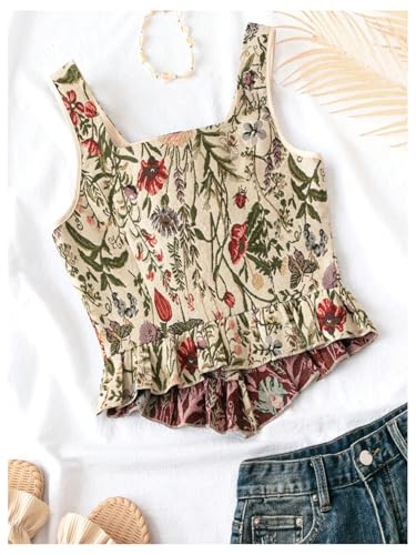 GORGLITTER Women's Renaissance Top Floral Corset Tank Tops Square Neck Vintage Button Up Crop Bustier Tops2