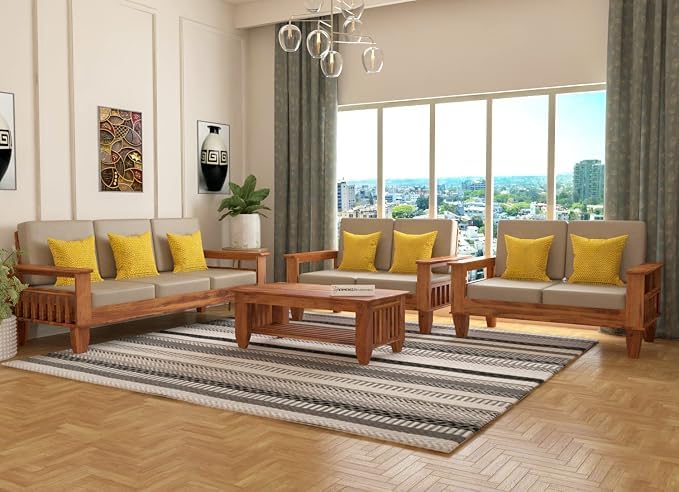 Image of Sheesham Wooden 7 Seater Sofa for Living Room | Rosewood 7 Seater Cushion Sofa with Side Newspaper Holder for Home & Office | Solid Wood Sofa Set for Lounge (Honey,3+2+2 Seater)