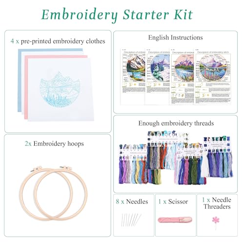 Image of Harimau Adult Beginner Embroidery Starter Kit, Complete Set with 4 Patterns, 2 Hoops, Needles, Scissors, Instruction Guide & Stitching Video Tutorials