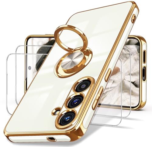 Dretal for Samsung Galaxy S25 FE 5G Case, Screen Protector, 360° Rotatable Ring Holder Magnetic Kickstand,Plated Gold Edge Slim Soft TPU Protective Phone Case Cover for Galaxy S25 FE 5G (White)