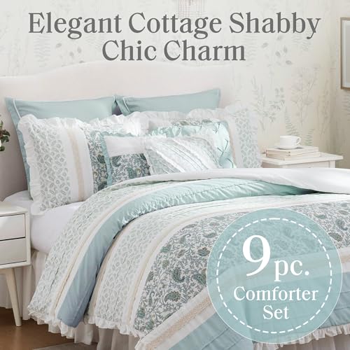 Madison Park Dawn 100% Cotton Shabby Chic Comforter Set-Modern Cottage Design All Season Down Alternative Bedding, Matching Shams, Bedskirt, Decorative Pillows, King(104"x92"), Aqua 9 Piece by Madison Park - Image 2