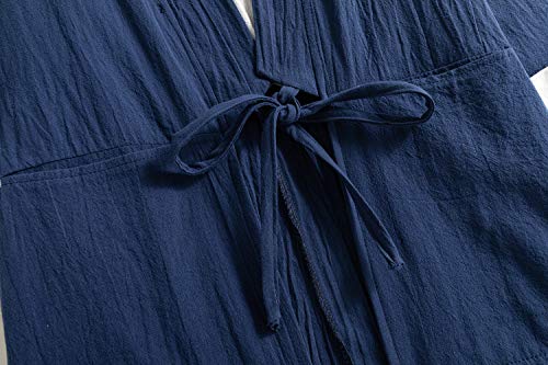 Image of Mens Japanese Kimono Cardigan Cotton Linen Haori Fashion 3 /4 Sleeve Yukata | Shawl Collar Kimono Jacket Robe Embroidery Patchwork Happi Coat Tie Pockets Lightweight Outerwear Daily Casual All Seasons