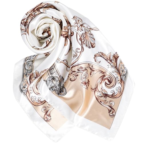 SATINIOR 35 Inch Silky Head Scarf 2 Pcs Large Square Neck Scarf Sleeping Hair Wrapping Satin Bandana for Women(Beige,Lovely Style)3