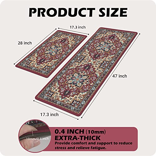 Boho Kitchen Rug Set Of 2 Red Bohemian Farmhouse Anti-Fatigue Kitchen Mats Vintage 0.4 Inches Thick Rubber Comfort Standing Rugs And Mats For Kitchen Sink Laundry Home Decor, 17.3 X 28+17.3 X 47 Inch #TOP1