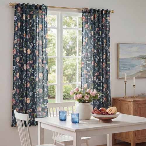 Image of jinchan Dark Blue Floral Linen Curtains 63 Inch Vintage Back Tab 2 Panels
