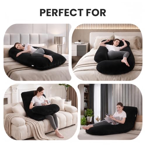 Image of Jcickt Pregnancy Pillow for Sleeping,59 inch Maternity Pillow with Removable Washable Cover,J-Shaped Velvet Full Body Pregnant Pillow -Support for Backs,Legs, Belly, HIPS, Improve Sleep-Black