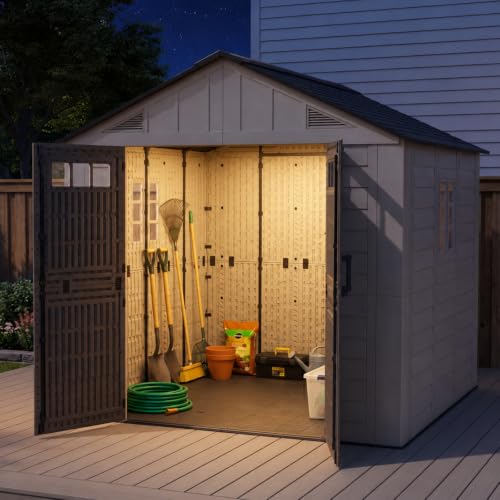 Image of LazySunsets 8x8 Ft Outdoor Storage Shed with Light, Large Resin Outdoor Shed with Floor Included, 2 Windows & Lockable Door, Garden Plastic Storage Sheds for Bike, Lawn Tools, Garbage Can